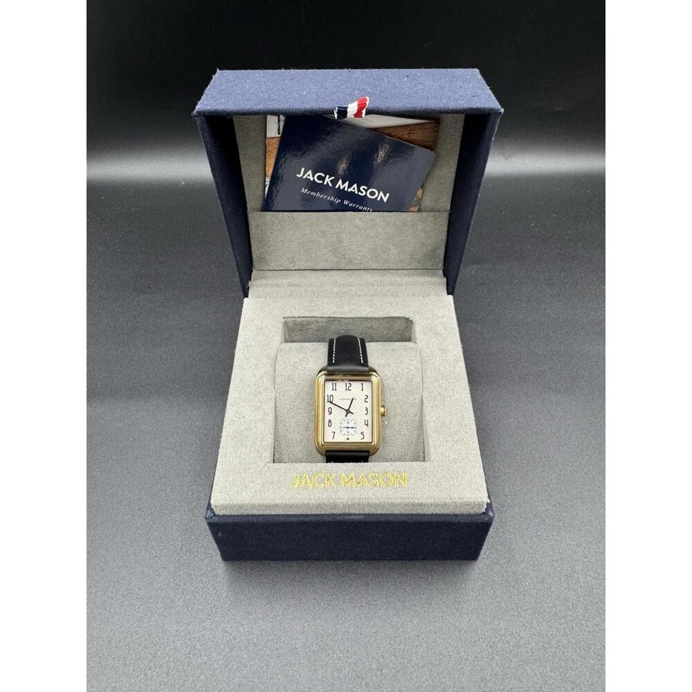 Jack Mason Issue No. 2 Heritage Rectangular Gold Tone Watch Black Leather #431B